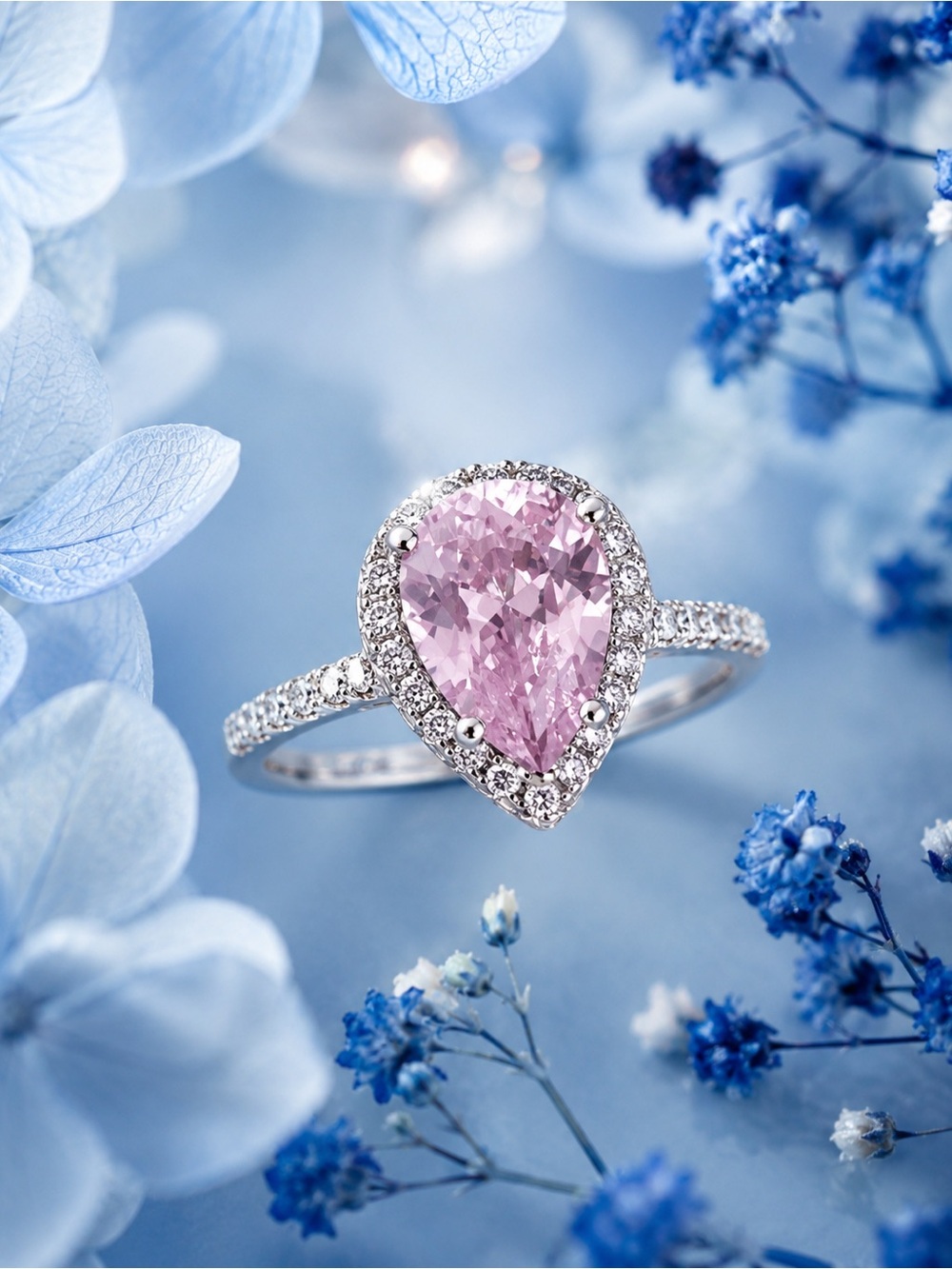 Pink Teardrop Halo Ring with Pavé Band size 7